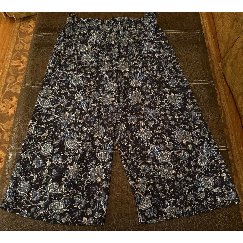 H&M Womens Casual Navy Blue Floral High Waisted Pull on Pants Size 14